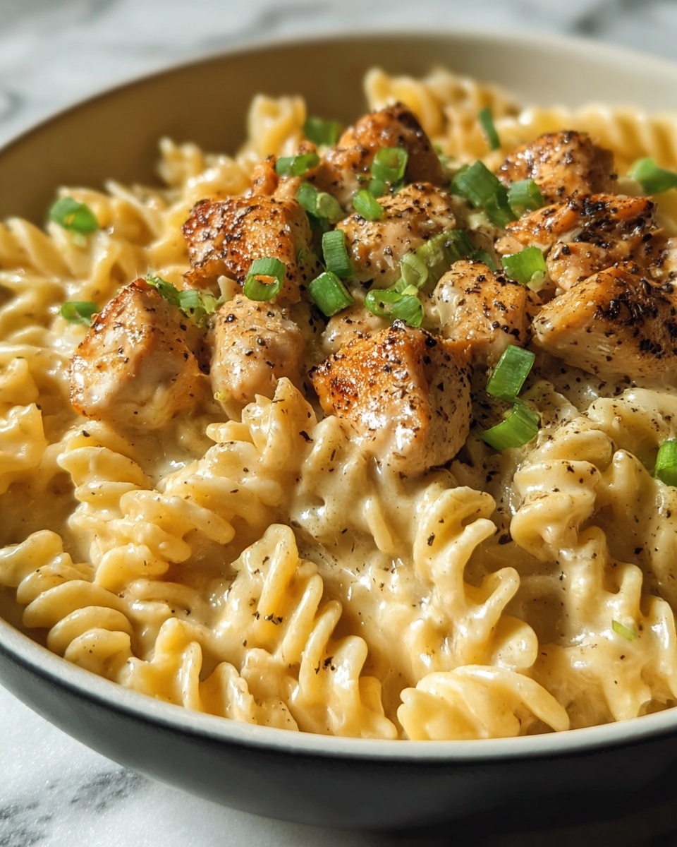 Smoky White Cheddar Honey Butter Chicken Pasta Skillet Recipe 6 Single white bowl presenting a generous portion of creamy rotini pasta topped with tender, browned chunks of seasoned chicken, close-up angle capturing the rich cheese sauce clinging to every spiral and the specks of black pepper seasoning the chicken, garnished with finely sliced fresh green onions, all set on a white marble surface, natural lighting enhancing the warm tones and textures, styled as an intimate plated serving photo taken with an iphone --ar 4:5 --v 7