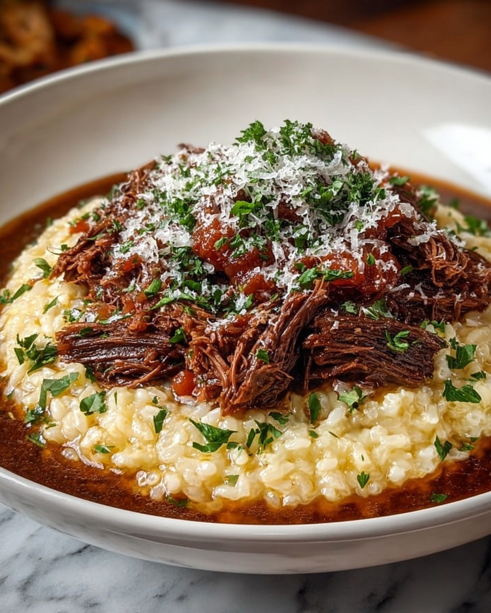 Slow-Braised Pot Parmesan Risotto Recipe 6 Single white plate with a neatly plated portion of tender shredded beef in rich savory sauce layered over creamy risotto, close-up angled shot revealing the fibrous texture of the beef and creamy, slightly glossy grains of risotto beneath, garnished with finely chopped parsley and a light dusting of grated cheese, natural lighting highlighting the depth and warmth of the dish, set on white marble surface, styled like a food blog single serving presentation, photo taken with an iphone --ar 4:5 --v 7