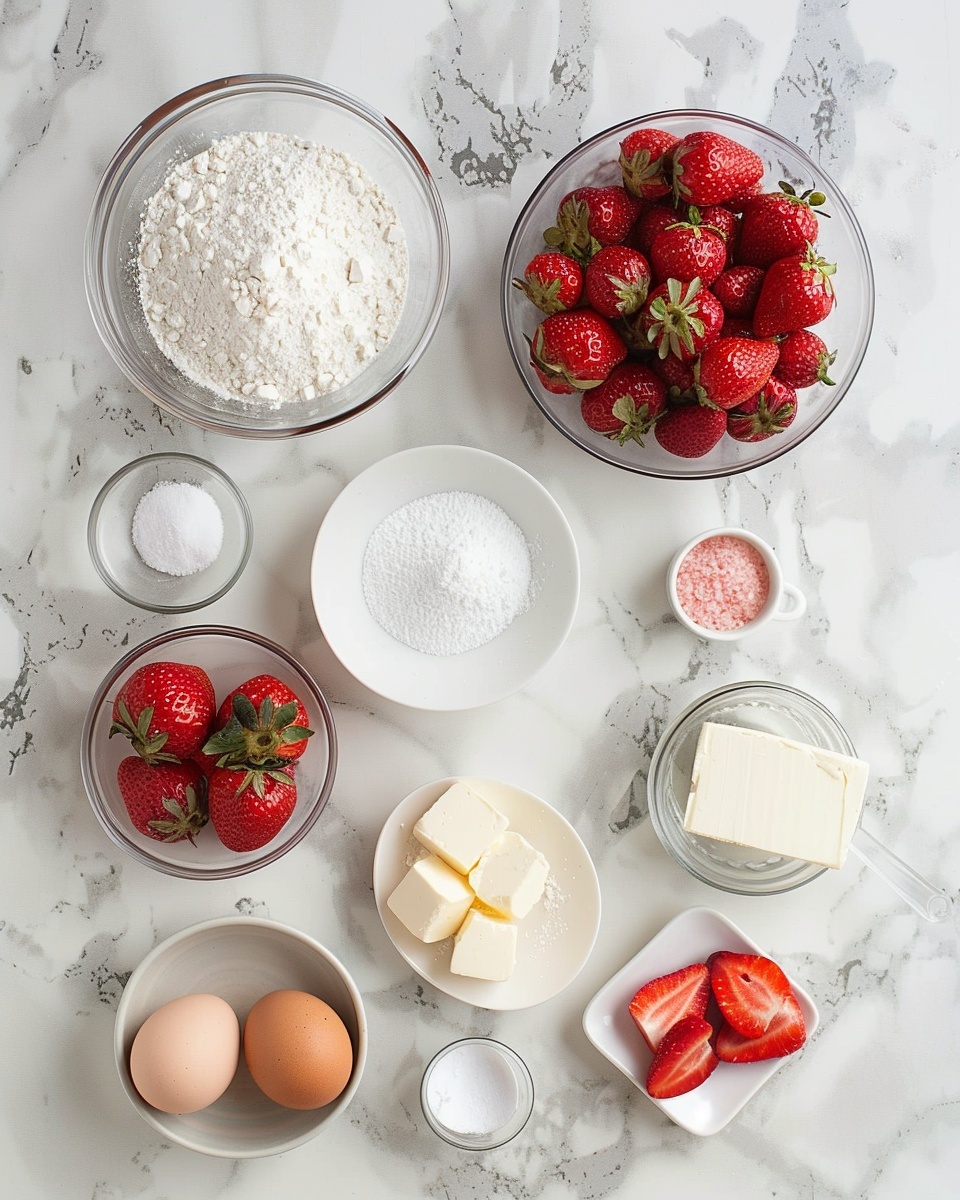 Whole round strawberry cake on a large white plate, featuring three full layers of moist pink strawberry sponge separated by creamy strawberry frosting with visible pieces of fresh strawberries, the cake fully coated in smooth pink strawberry frosting with decorative piped swirls around the edges, fresh halved strawberries artfully placed around the cake base, shot from a 3/4 angle on a white marble surface with natural light, styled as a professional food magazine hero image, photo taken with an iphone --ar 4:5 --v 7