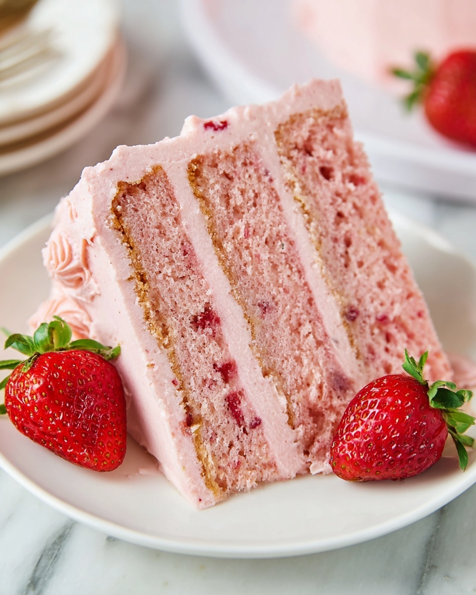 Single white plate featuring one slice of strawberry cake with smooth pink frosting flecked with real strawberry pieces, the slice reveals multiple layers of moist cake and creamy strawberry filling, topped with a delicate swirl of pink frosting and a halved fresh strawberry, natural lighting highlights the soft texture and vibrant red hues, placed on white marble surface, intimate close-up angled view photography, styled as a ready-to-eat serving photo taken with an iphone --ar 4:5 --v 7