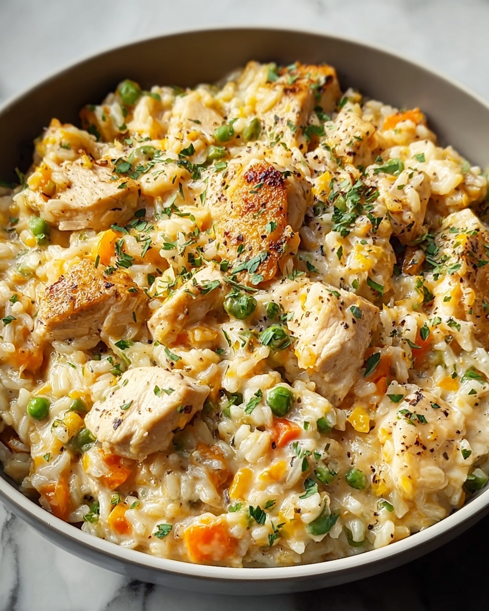 Single white plate with a generous portion of creamy chicken and rice casserole, featuring tender golden-browned chicken chunks nestled in a rich, cheesy sauce mixed with vibrant yellow corn and finely diced red bell peppers, topped with scattered fresh green parsley, close-up angled shot revealing the texture of the creamy sauce soaking the rice and the juicy interior of the chicken pieces, set on a white marble surface under natural lighting, intimate plated serving photo taken with an iphone --ar 4:5 --v 7