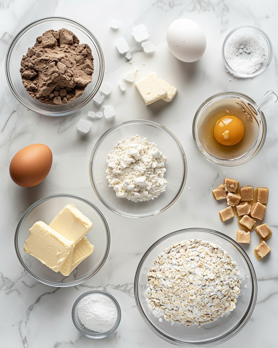 Rustic white baking tray filled with a full batch of golden-brown oatmeal cookies studded with glossy caramel centers and a light sprinkle of sea salt crystals, each cookie showcasing a chewy texture with visible oats and a slightly crisp edge, presented on white parchment paper on a white marble surface, natural lighting highlighting the rich warm tones, professional 3/4 angle food magazine hero shot photo taken with an iphone --ar 4:5 --v 7