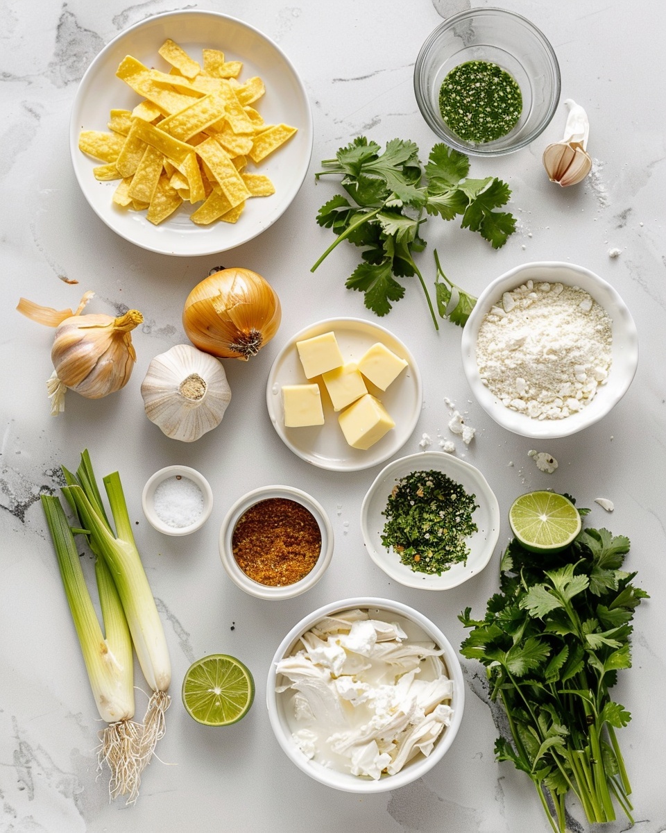 Large white enameled cast iron pot filled with a creamy chicken chili packed with shredded chicken, corn, pinto beans, and diced tomatoes, topped with a dollop of sour cream, crispy tortilla strips, fresh chopped green onions, and cilantro, whole dish photographed from a 3/4 angle on a white marble countertop with natural lighting, professional food styling photo taken with an iphone --ar 4:5 --v 7