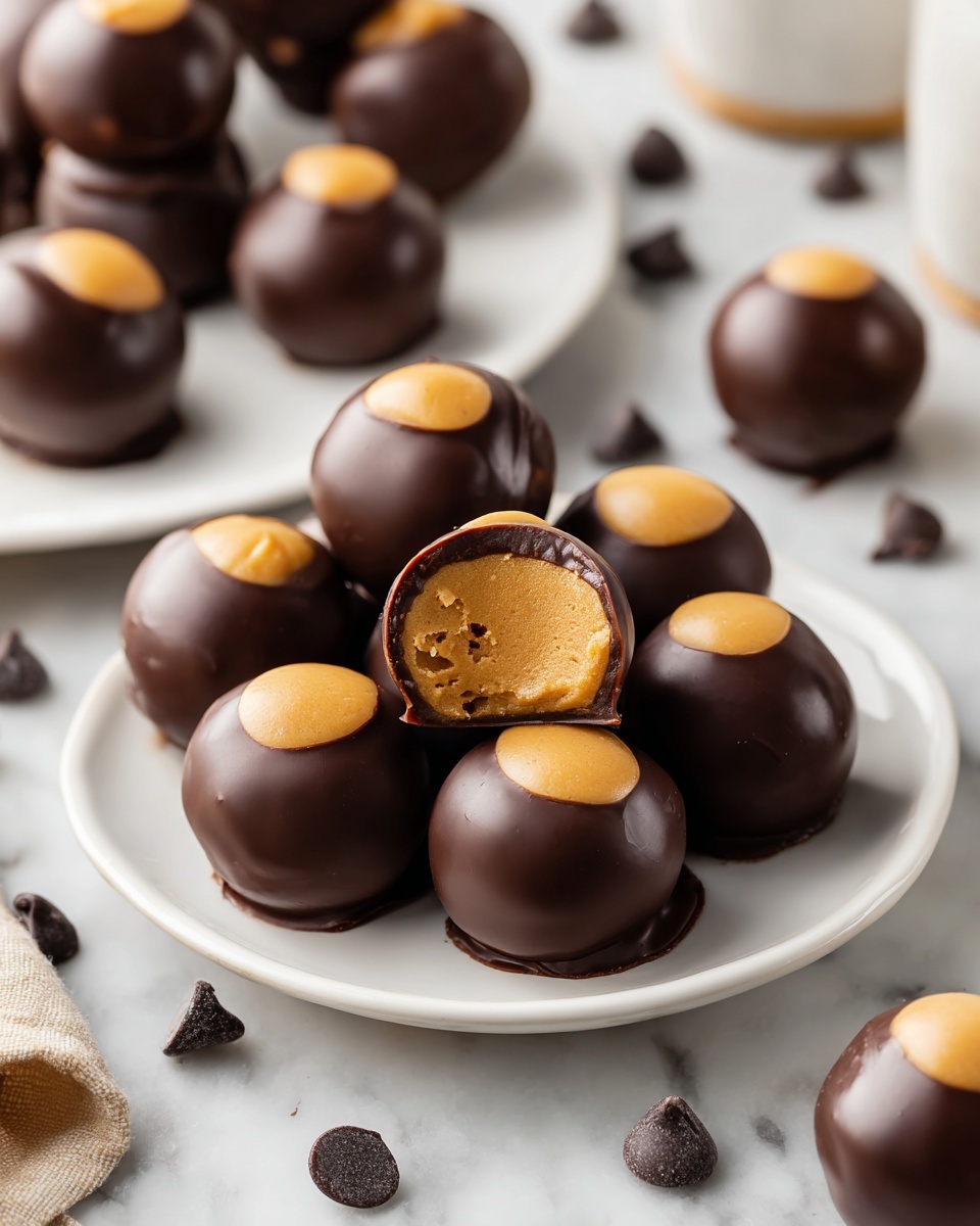 Single white plate featuring one peanut butter blossom cookie with a smooth milk chocolate coating surrounding a creamy peanut butter center, close-up angled view highlighting the soft, slightly crumbly interior texture revealed by a bite taken from the cookie, natural lighting accentuating the rich chocolate sheen and peanut butter contrast, placed on a white marble surface for a clean, inviting look, intimate styled individual serving photo taken with an iphone --ar 4:5 --v 7