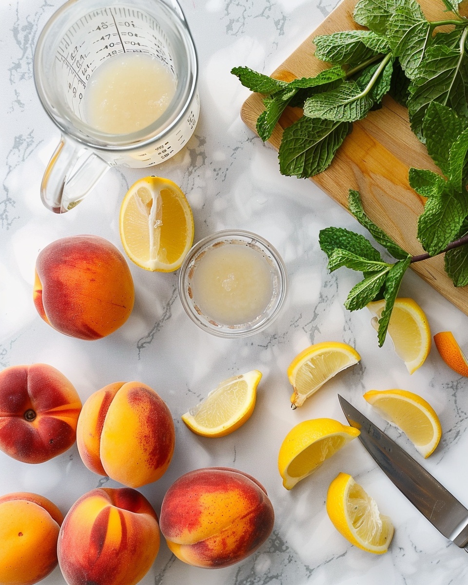 Three tall clear white glasses filled with fresh peach lemonade, vibrant orange in color with ice cubes, each glass garnished with a thick peach slice, a lemon wedge, and a sprig of fresh mint, arranged together on a white marble countertop surrounded by whole peaches, sliced peaches, lemon slices, and scattered ice cubes, photographed from a 3/4 angle with natural lighting, professional food magazine hero shot photo taken with an iphone --ar 4:5 --v 7