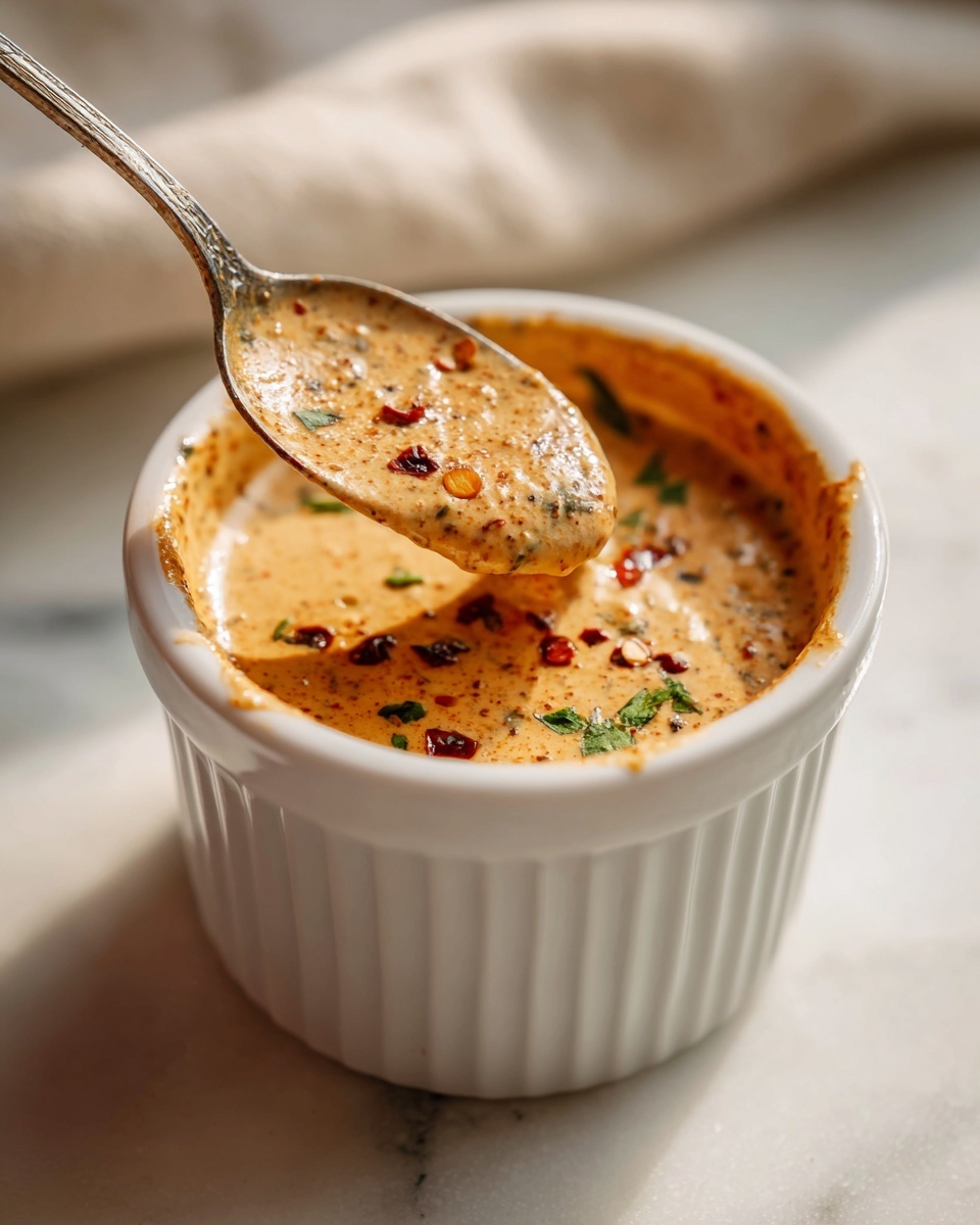 Single white ramekin filled with one serving of creamy, spiced sauce flecked with visible herbs and chili flakes, spoon poised above it showing the sauce’s smooth, rich texture, natural lighting highlighting the warm tones, presented on a white marble surface for an intimate food blog style photo taken with an iphone --ar 4:5 --v 7