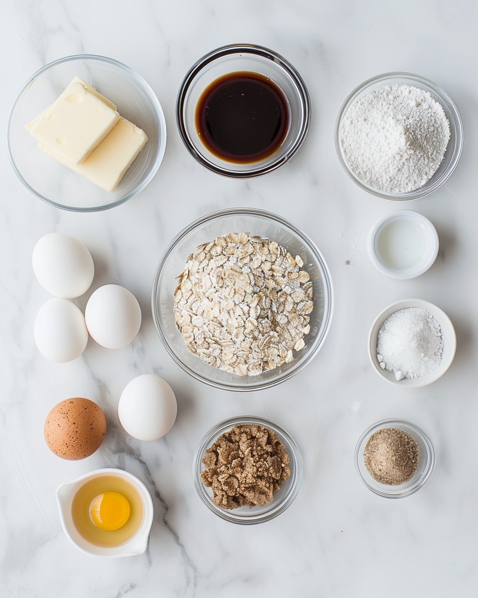 Large white parchment-lined baking sheet filled with a full batch of golden-brown oatmeal cookies arranged evenly, each cookie showing a textured surface with visible oats and a crisp edge, photographed from a 3/4 angle on a white marble countertop under natural lighting, professional food styling photo taken with an iphone --ar 4:5 --v 7