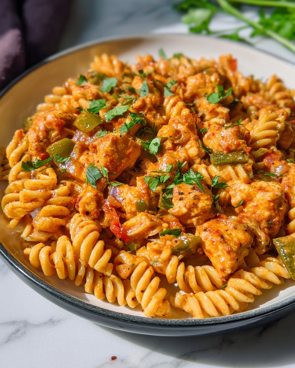 Single white plate with a plated portion of creamy pasta rotini with tender chunks of seasoned chicken, green bell peppers, and red onions, coated in a rich orange sauce, garnished with fresh parsley leaves, close-up angled view emphasizing the spiral pasta texture and juicy chicken pieces, steam gently rising, set on white marble surface with natural lighting, styled for an intimate food blog presentation photo taken with an iphone --ar 4:5 --v 7