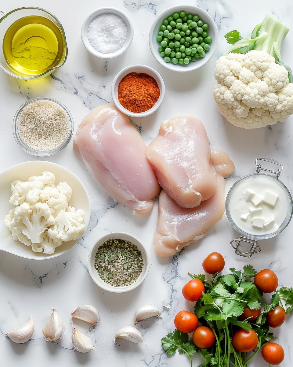 Large white enamel pot filled with creamy orange curry featuring tender chunks of chicken, vibrant green peas, and cauliflower florets immersed in a rich, thick sauce, captured in a professional 3/4 angle food magazine style shot on a white marble countertop with natural lighting, whole dish fully visible and framed, photo taken with an iphone --ar 4:5 --v 7