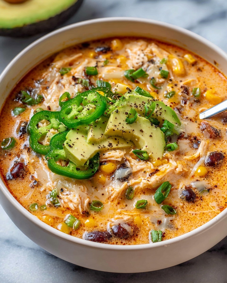 Single white bowl filled with one serving of creamy chicken chili soup, close-up angle highlighting the thick, rich texture with visible shredded chicken, black beans, corn kernels, melted cheese, and diced green onions, topped with sliced fresh jalapeños and fanned avocado slices sprinkled with cracked black pepper, placed on a white marble surface with natural lighting, styled like a food blog presentation, photo taken with an iphone --ar 4:5 --v 7