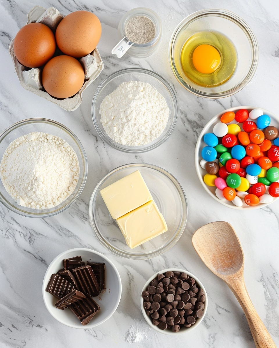 Large silver baking sheet lined with a white silicone baking mat filled with freshly baked colorful M&M and chocolate chip cookies arranged evenly in two rows of four and one in the center, vibrant candy pieces contrasting with the golden-brown cookies, two small clear glass bowls next to the tray filled with M&Ms and chocolate chips, all set on a dark blue wooden surface with a white cloth and metal scoop nearby, professional food styling, photo taken with an iphone --ar 4:5 --v 7
