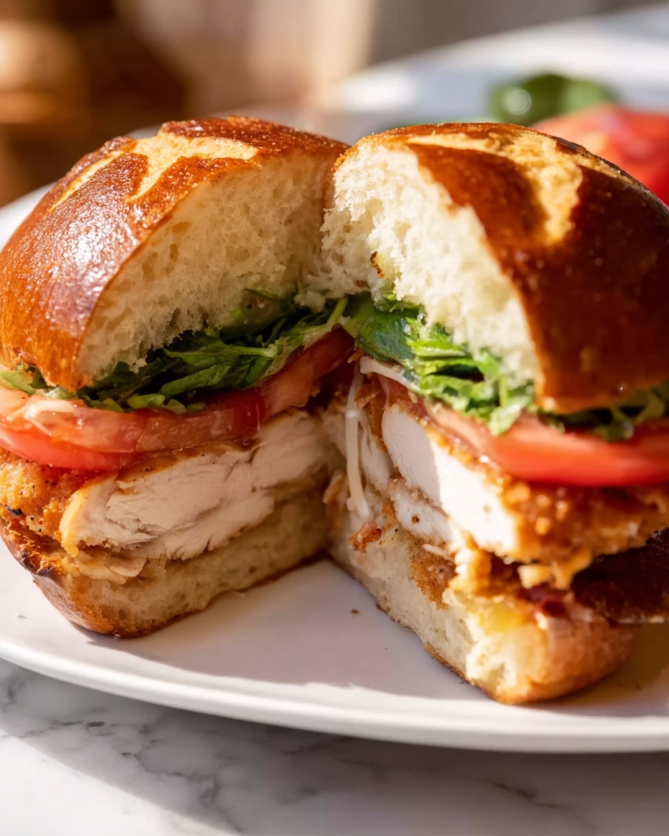 A single white plate featuring one sandwich half, sliced open to reveal layers of crispy seasoned chicken filet, fresh green leaf lettuce, and thick slices of ripe red tomato, nestled inside a soft, shiny bun with a subtle golden crust. The close-up, angled view highlights the tender interior texture of the chicken and the fresh layers of vegetables, set against a white marble surface with natural lighting, styled as an inviting individual serving from a food blog. photo taken with an iphone --ar 4:5 --v 7