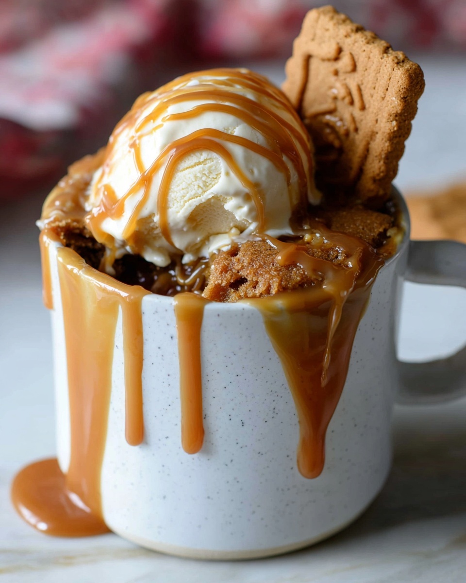 Single white ceramic mug showing a single serving of a warm, gooey dessert topped with a scoop of vanilla ice cream drizzled with rich caramel sauce, a caramel biscuit resting on the side, close-up angled view highlighting the soft, moist interior of the dessert and the melting ice cream pooling around it, placed on a white marble surface with natural lighting, intimate plated serving photo taken with an iphone --ar 4:5 --v 7
