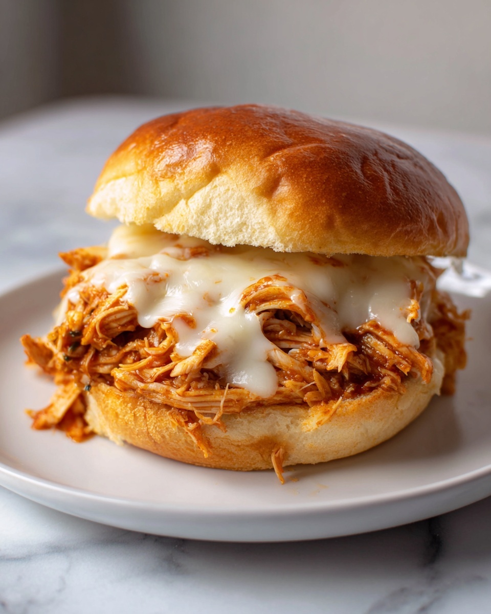 Slow Cooker Parmesan Garlic Chicken Sandwiches Recipe 6 Single white plate holding one pulled chicken sandwich portion with shredded, sauced chicken layered generously beneath melted white cheese, the brioche bun lightly toasted and showing a fluffy interior, close-up angled shot emphasizing the texture of moist chicken strands and creamy cheese, natural lighting highlighting the warm tones, styled as a ready-to-eat serving on a white marble surface, intimate food blog style photo taken with an iphone --ar 4:5 --v 7