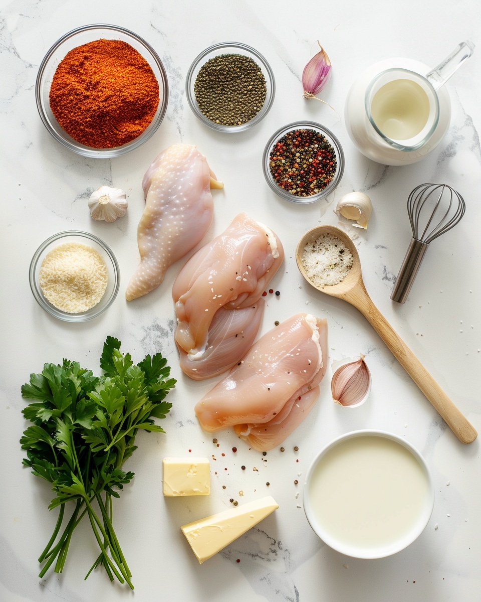 Three large white rectangular glass containers each filled with a full portion of seasoned, crispy golden-brown fried chicken tenderloins resting on a bed of fluffy spiced rice, generously topped with a creamy white herb sauce and garnished with fresh chopped parsley, arranged in a neat row on a light wooden surface with a clean white marble background, natural lighting highlighting the rich textures and colors, professional food styling hero shot photo taken with an iphone --ar 4:5 --v 7