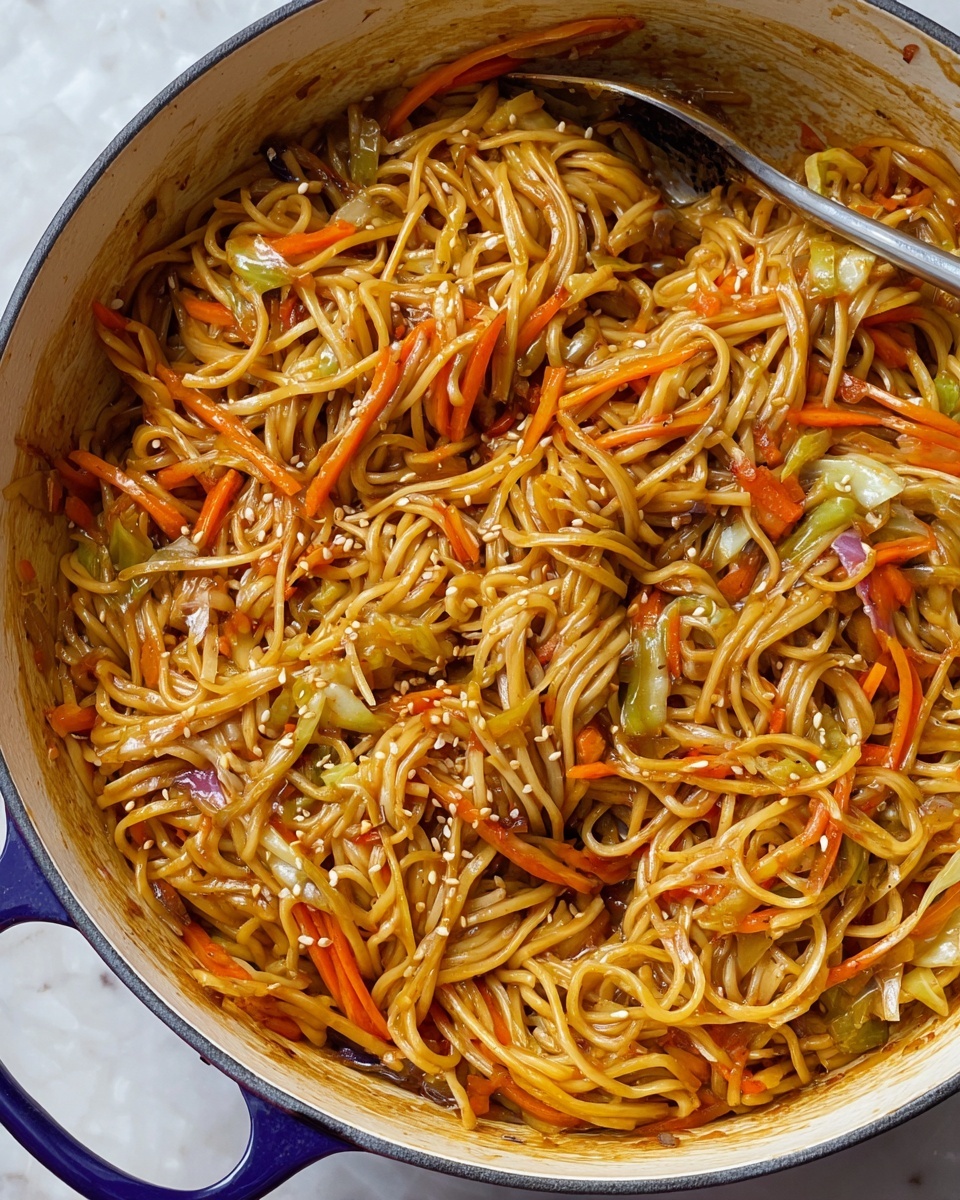 Single white bowl containing a close-up serving of stir-fried noodles coated in a glossy soy-based sauce, featuring thinly sliced cabbage and shredded carrots intertwined within the noodles, garnished generously with sliced green onions and sprinkled white sesame seeds, steam subtly rising from the warm portion, presented on a white marble background with natural lighting, styled as a fresh and inviting single serving from a food blog, photo taken with an iphone --ar 4:5 --v 7