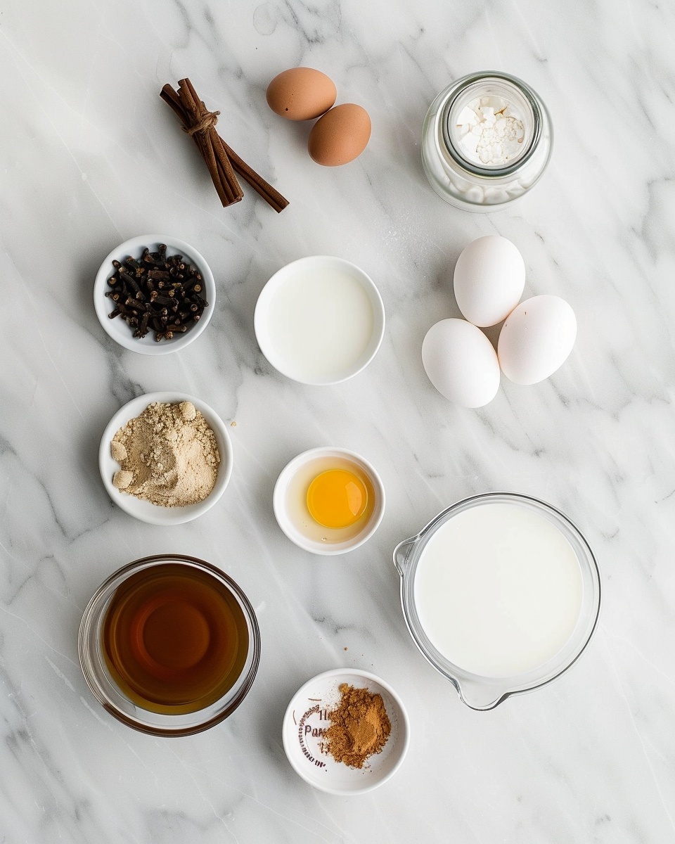 Large white mug filled with creamy, frothy eggnog topped with a dusting of cinnamon, a whole cinnamon stick, and a star anise pod, accompanied by additional mugs of eggnog in the background, arranged on a white marble countertop with whole nutmeg, cinnamon sticks, star anise, and festive silver bells scattered around, photographed from a 3/4 angle in natural lighting, styled for a holiday food magazine hero shot, photo taken with an iphone --ar 4:5 --v 7