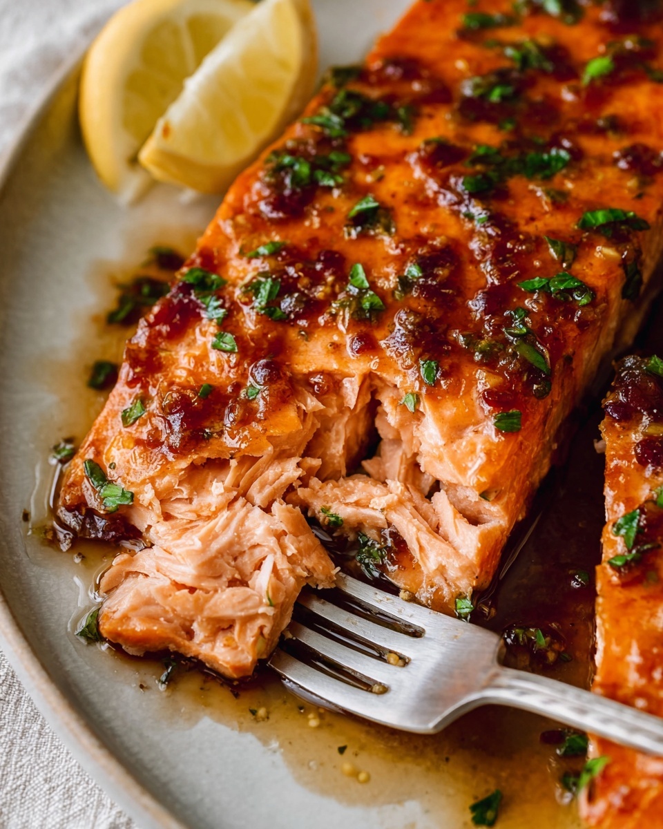 Single white plate with a perfectly cooked portion of glazed salmon, showcasing the tender, flaky pink interior revealed by a gentle fork pull, topped with a glossy, honey-garlic glaze speckled with fresh green herbs, accompanied by a bright lemon wedge on the side, close-up angled shot capturing the rich texture and moist layers of the fish, placed on a white marble surface with natural lighting, styled like a food blog individual serving photo taken with an iphone --ar 4:5 --v 7