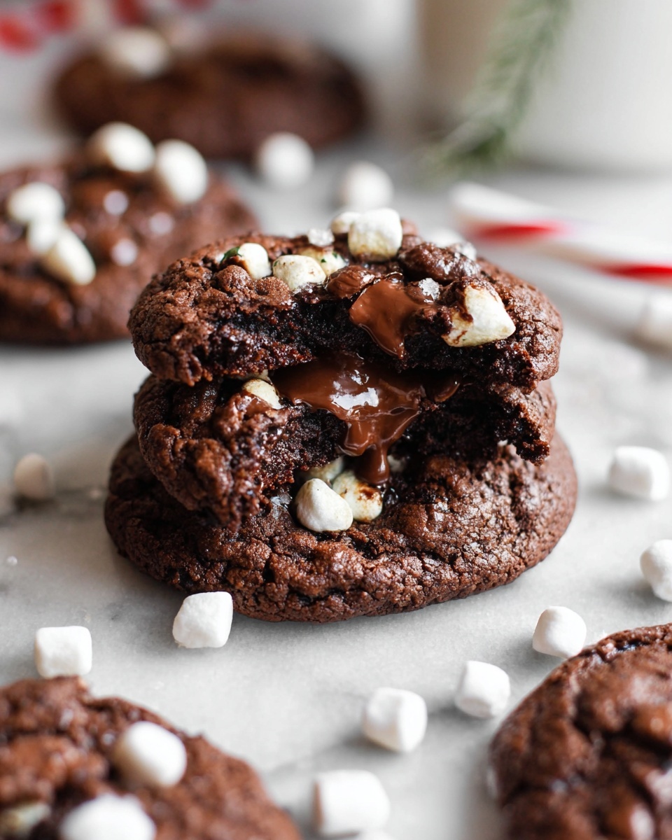 Single white plate with one thick, rich chocolate cookie broken in half to reveal its fudgy, dense interior texture studded with melted chocolate chunks and small white marshmallows, close-up angled shot emphasizing soft crumb and gooey melted chocolate dripping slightly, natural lighting on white marble surface, styled like an individual serving from a food blog, intimate plated serving photo taken with an iphone --ar 4:5 --v 7