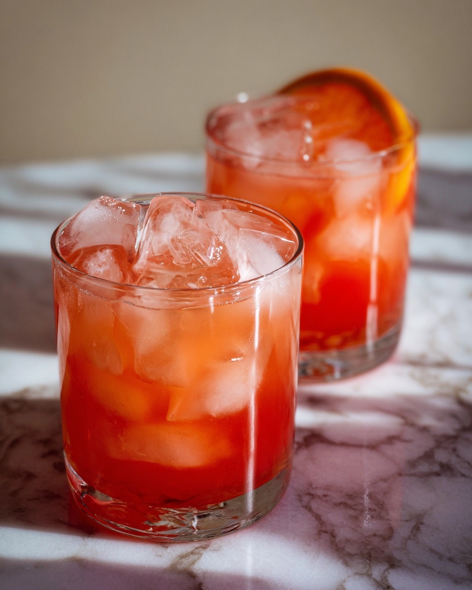 Single clear glass filled with a refreshing serving of pink-orange cocktail over large irregular ice cubes, close-up angled shot capturing the smooth gradient liquid, condensation droplets on the glass surface, placed on a white plate atop white marble background, natural soft lighting highlighting the crisp cool texture, styled as a perfect individual serving from a food blog, photo taken with an iphone --ar 4:5 --v 7