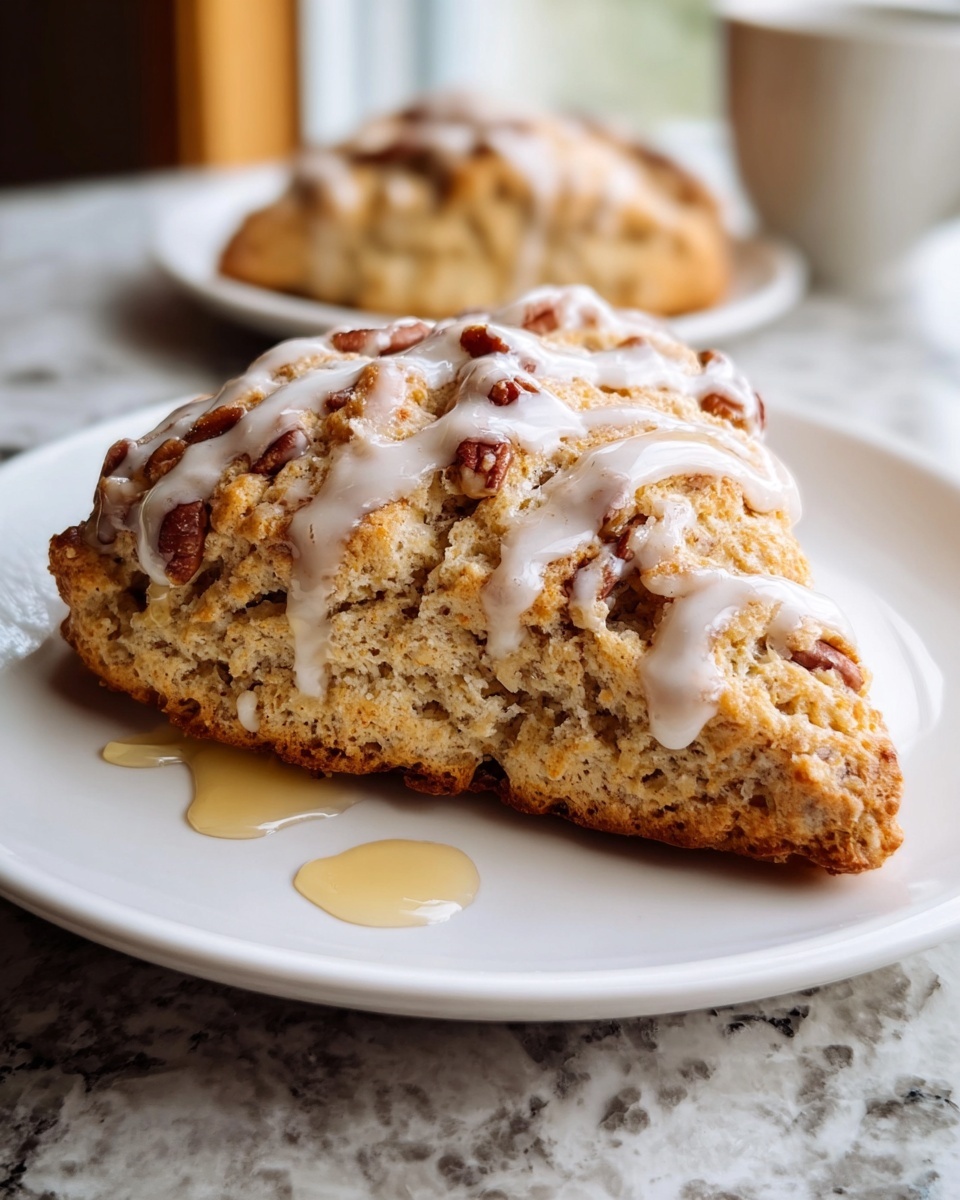 Two triangular scones sit side by side on a white plate. Each scone is light brown with visible small chunks of nuts or fruit inside. A thin layer of white icing is drizzled over the top of both scones in irregular lines, adding a glossy texture. The plate rests on a white marbled surface, and the background is softly blurred, showing a warm kitchen scene. photo taken with an iphone --ar 4:5 --v 7