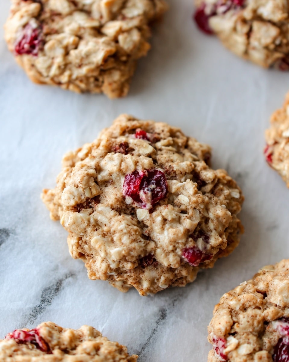 The image shows several oatmeal cookies with a rough, crumbly texture. Each cookie is light brown with visible darker specks and small pieces of red berries embedded in the dough. The cookies are round but irregular in shape, sitting on white parchment paper with faint grayish patterns, all placed on a white marbled surface. The cookies look soft and chunky, with layers of oats and berries mixed throughout. The focus is on one cookie in the center, showing the detailed texture and softness photo taken with an iphone --ar 4:5 --v 7