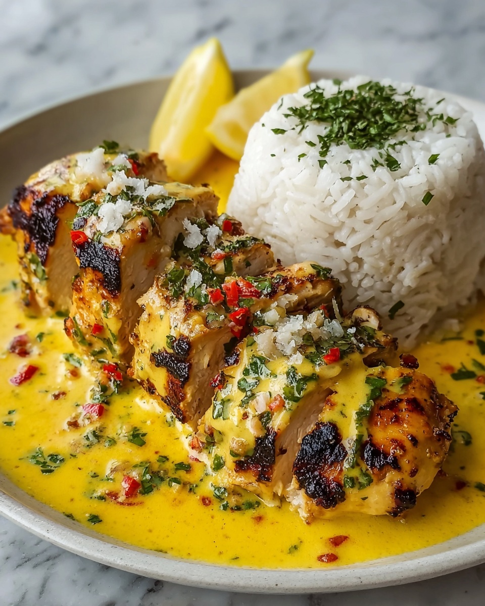 A white bowl with two pieces of grilled chicken covered in a yellow sauce with visible herbs and red tomato pieces around them. On one side, there is a pile of white rice, slightly fluffy in texture. The chicken has a grilled, slightly charred look, and the sauce appears creamy and smooth. The dish is placed on a white marbled surface. Photo taken with an iphone --ar 4:5 --v 7