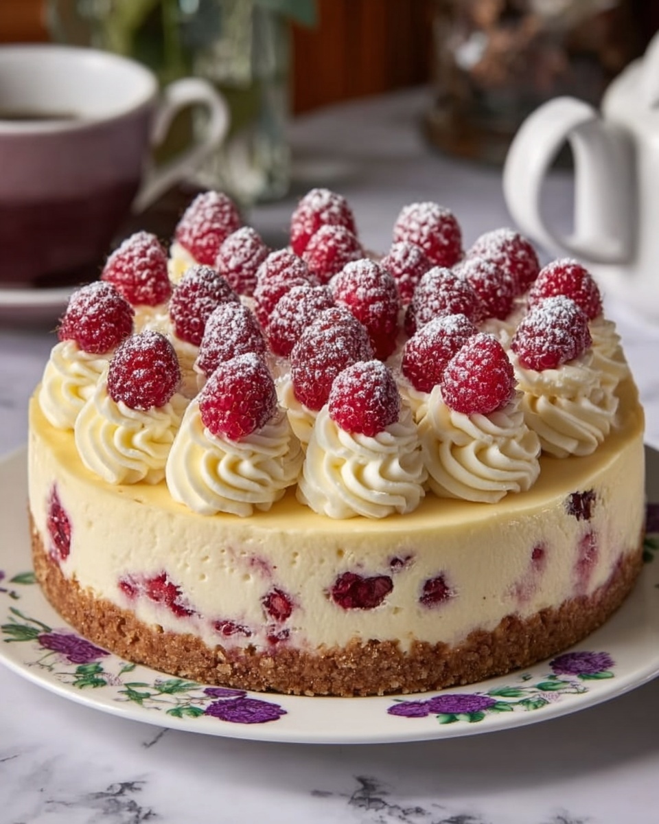 The image shows a round cheesecake on a white plate with purple and green flower designs. The cake has three layers: the bottom layer is a brown crumbly crust, the middle layer is thick and creamy light yellow with red berry spots mixed inside, and the top layer has swirls of white cream piped all around. Each swirl is topped with a bright red raspberry, and the raspberries and cream are dusted with powdered sugar. The background is a white marbled surface with a blurred teapot and some greenery in the back. Photo taken with an iphone --ar 4:5 --v 7