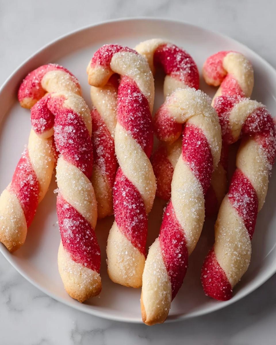 Candy Cane Cookies Recipe 5 The image shows twisted candy cane shaped cookies with two colors: white and bright red. Each cookie is made of two long strips, one white, one red, twisted together to form a spiral look. The cookies have small white sprinkles on them, giving a crunchy texture on top. They are placed on a white rectangular plate, which sits on a white marbled surface. In the background, more twisted cookies and a red and white striped straw can be seen, adding to the festive feel. Photo taken with an iphone --ar 4:5 --v 7