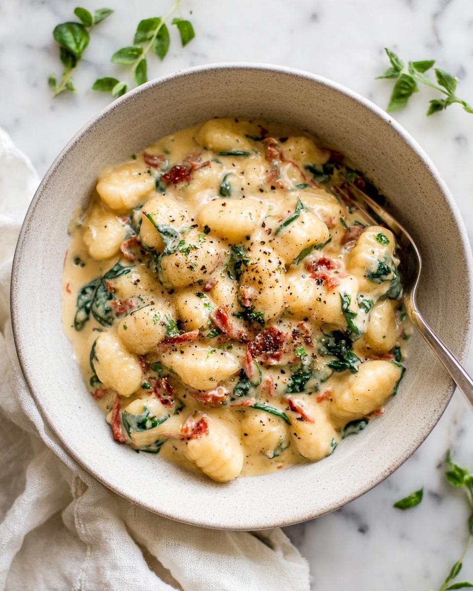 A close-up view of a white bowl filled with creamy gnocchi. The dish has three main layers: plump, soft gnocchi pieces coated evenly in a rich, light beige creamy sauce, mixed with dark green spinach leaves and small pieces of reddish sun-dried tomatoes. The surface of the sauce has a light sprinkle of black pepper and fresh chopped green herbs. A silver fork rests inside the bowl, pressing slightly into the gnocchi. The bowl is placed on a white marbled surface scattered with small green herb leaves. photo taken with an iphone --ar 4:5 --v 7