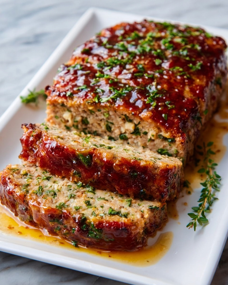 A white plate holds a sliced meatloaf with a crispy brown crust and green herbs mixed inside. The meatloaf is cut into thick pieces, showing a light-colored interior with specks of orange, red, and green. A shiny sauce with chopped herbs pools around the base of the meatloaf, adding a glossy texture. The scene is set on a white marbled surface. photo taken with an iphone --ar 4:5 --v 7