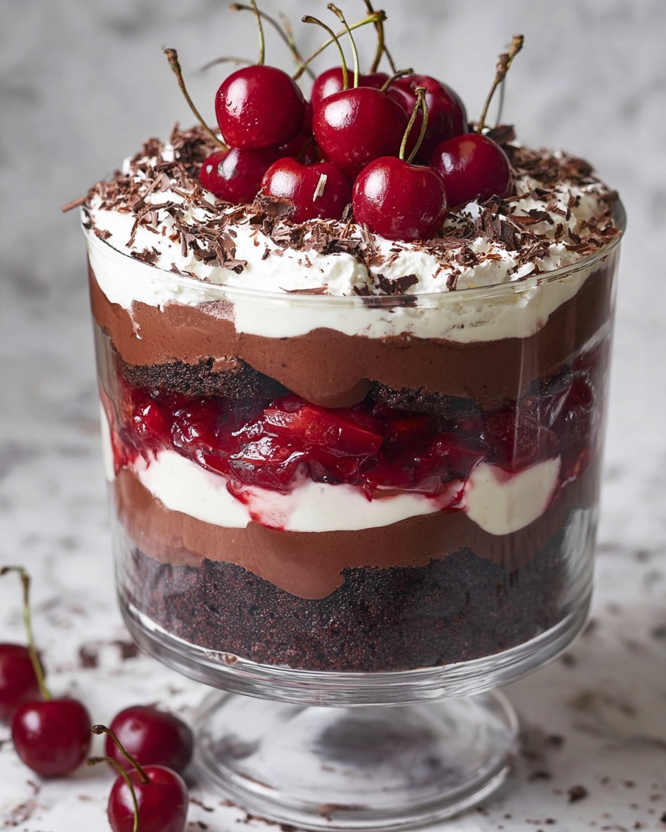 Black Forest Trifle Recipe 6 This image shows a tall glass trifle with five visible layers, placed on a white marbled surface. The bottom layer is a dark chocolate cake or brownie with a rough texture. Above it is a smooth chocolate pudding layer, followed by a thick white cream layer. On top of that, there’s a bright red cherry sauce layer with whole cherries visible inside. Another dark chocolate pudding layer sits above the cherry sauce, and the top is covered with fluffy white whipped cream, sprinkled with small chocolate shavings. Fresh, shiny red cherries with green stems rest on the whipped cream. Photo taken with an iphone --ar 4:5 --v 7