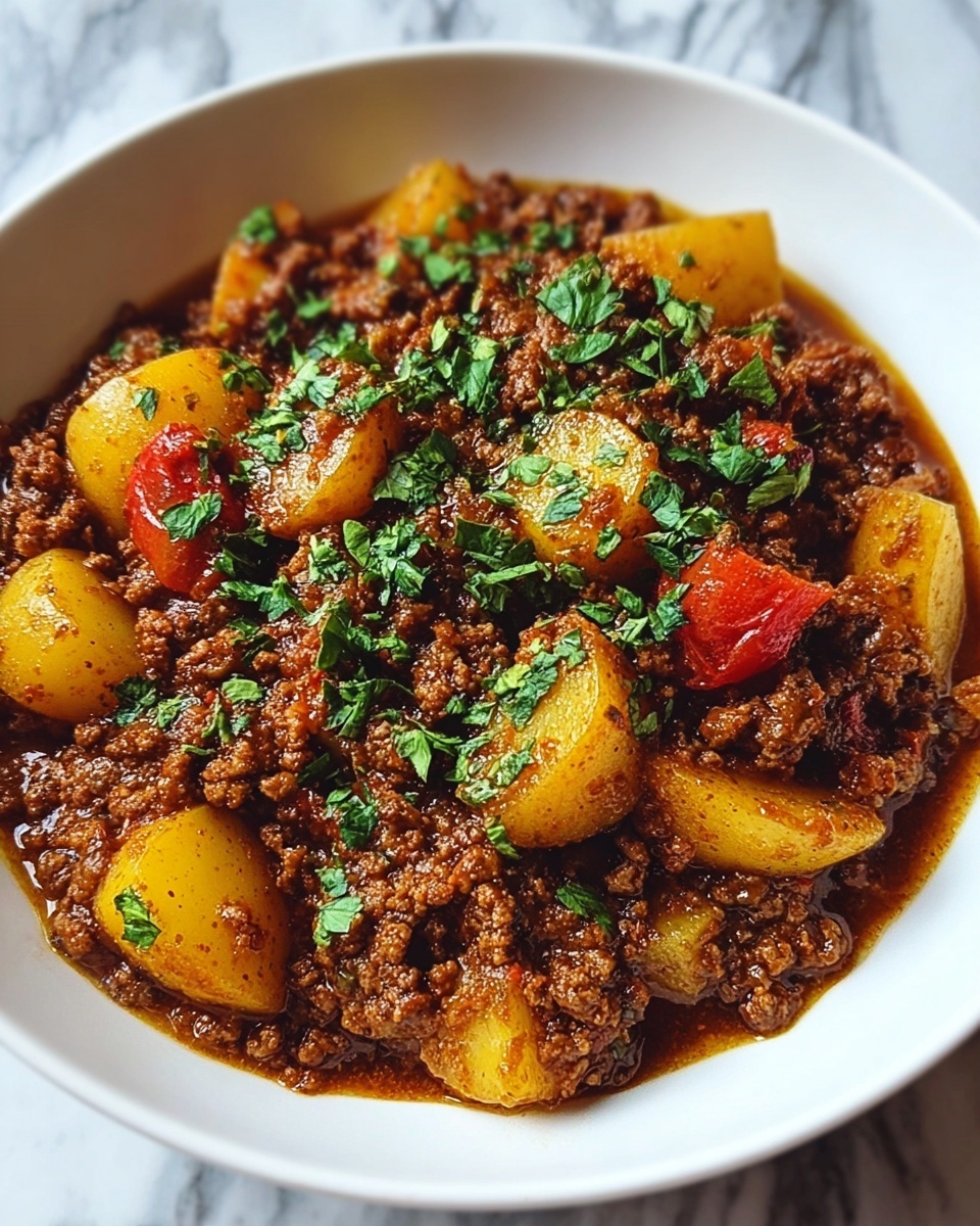 Aloo Keema (Ground Meat with Potatoes) Recipe 5 A white bowl filled with a thick stew made of small brown ground meat pieces mixed with chunks of yellow potatoes and small red tomato pieces. The stew has a rich brown sauce coating the ingredients, and it is topped with bright green chopped herbs scattered evenly over the top. The bowl sits against a background with a white marbled texture. photo taken with an iphone --ar 4:5 --v 7