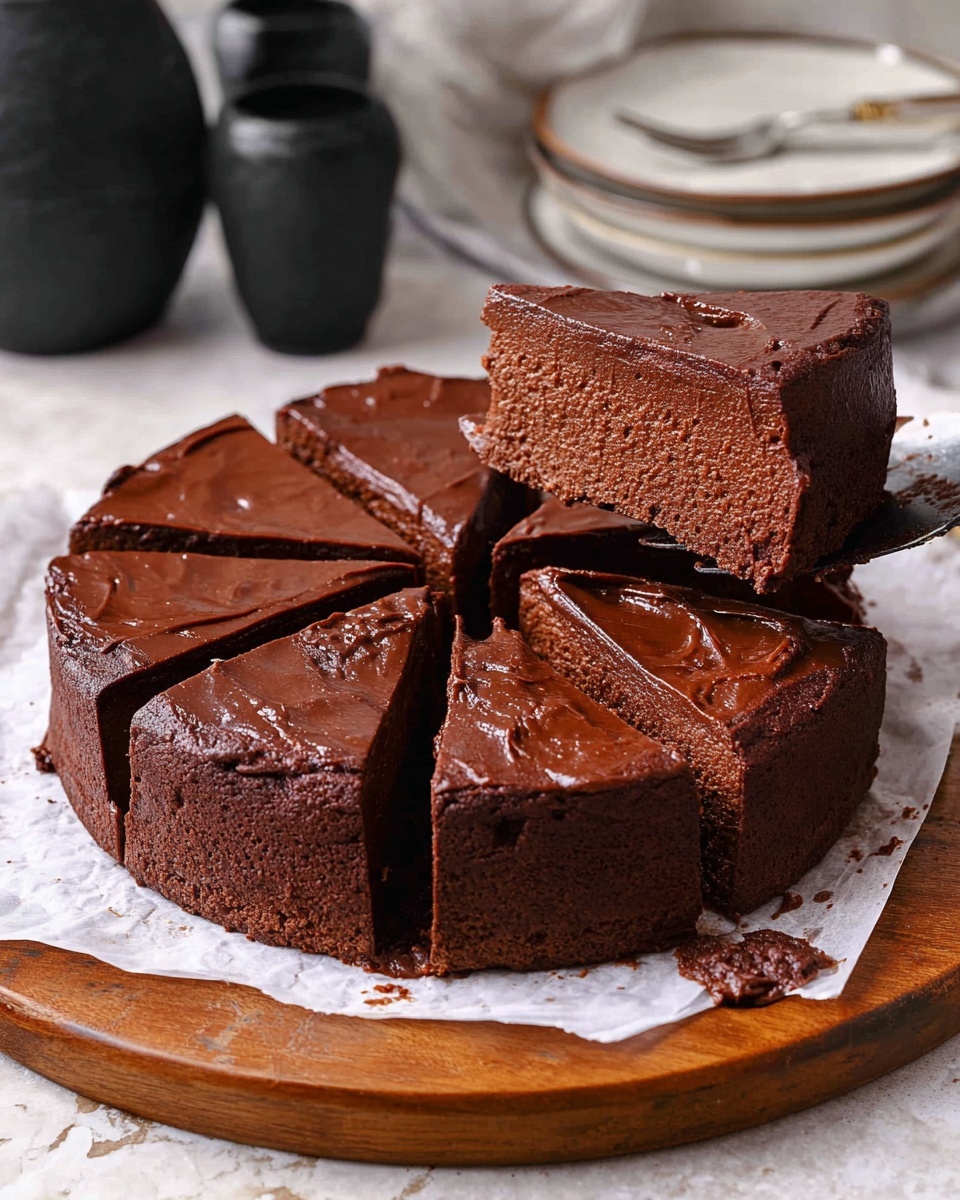 A single slice of rich chocolate cake sits on a white plate, showing two layers: a thick top layer of moist, dense chocolate cake with a soft, shiny, smooth middle layer of creamy chocolate filling. The slice leans slightly, revealing the creamy filling spread unevenly in the center. A silver spoon with a scoop of the same creamy chocolate rests next to the cake slice. In the background, blurred chunks of the chocolate cake and scattered chocolate pieces lay on a wooden board, all placed on a white marbled surface. Photo taken with an iphone --ar 4:5 --v 7
