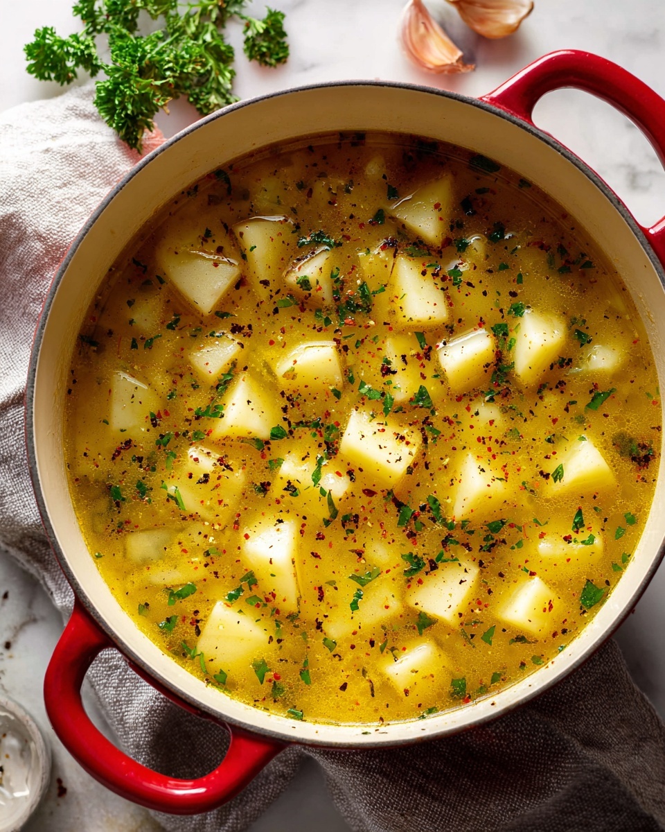 Soothing Hangover Cure Garlic Potato Soup Recipe 5 A close-up view of a white pot with a red handle filled with a yellow broth soup containing medium-sized white potato cubes and small green herb pieces scattered throughout. The soup has a slightly oily surface with black pepper flakes spread on top. The pot rests on a light gray cloth on a white marbled surface with garlic cloves and fresh green parsley nearby. The overall composition highlights the texture of the soft potatoes and the fresh herbs floating in the clear broth photo taken with an iphone --ar 4:5 --v 7