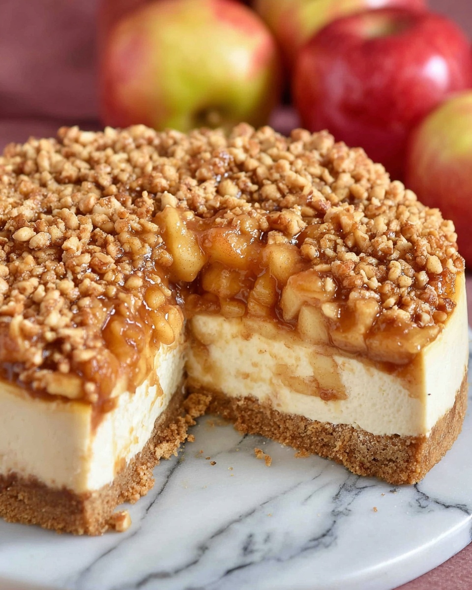 The image shows a round apple cheesecake on a white marbled surface, with a slice removed to reveal its layers. The bottom layer is a light brown crust, firm and crumbly. Above that is a thick, creamy white cheesecake layer with a smooth, dense texture. On top of the cheesecake is a chunky golden-brown apple filling with soft apple pieces mixed in a glossy sauce. The top layer is a generous amount of small, chopped nuts covering the apple layer, adding a crunchy texture. In the background, there are several whole red and yellow apples slightly out of focus. photo taken with an iphone --ar 4:5 --v 7