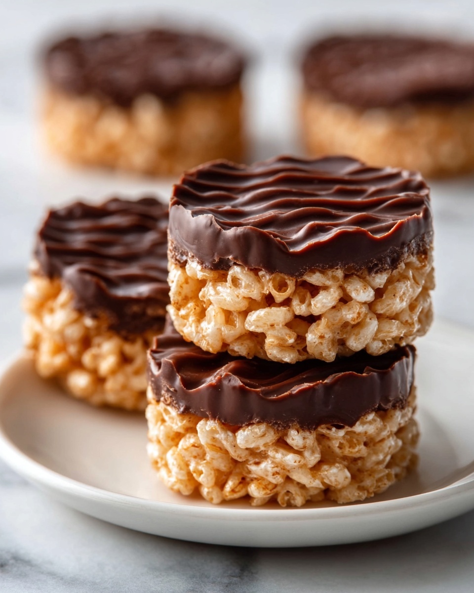 Chocolate Peanut Butter Rice Krispie Cups Recipe 5 The image shows three small round treats stacked on a white plate. Each treat has two layers: the bottom layer is light brown and made of a crispy, puffed rice texture, while the top layer is smooth, dark chocolate with a wavy pattern on the surface. The treats look shiny and the white plate sits on a white marbled surface. In the background, two more treats are slightly out of focus. photo taken with an iphone --ar 4:5 --v 7