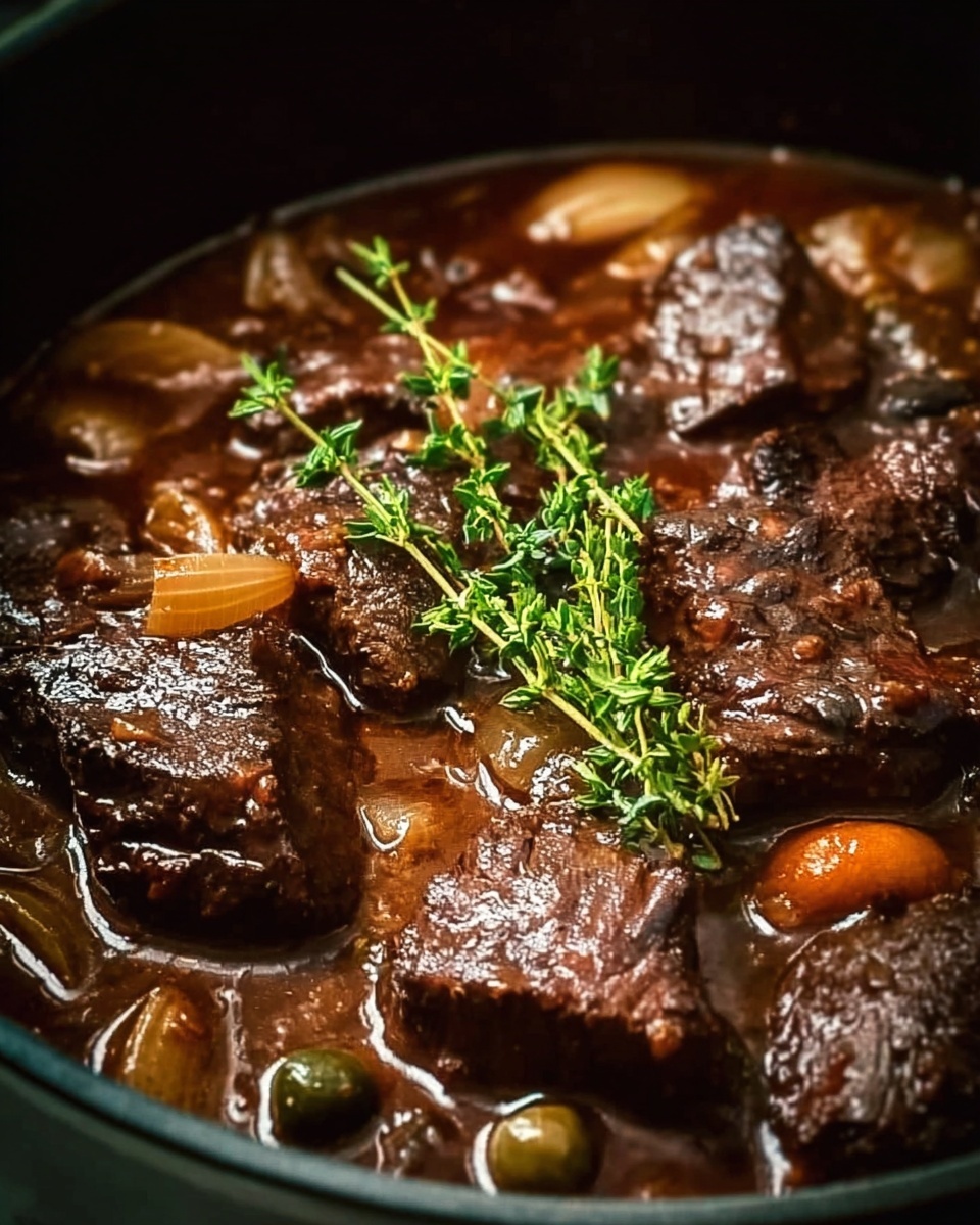 Authentic Belgian Slow-Cooked Beef Stew Recipe 5 The image shows a close-up of a beef stew with large, dark brown chunks of meat arranged throughout. The meat has a rich, glossy texture with small dollops of green herb sauce on top. Among the meat, there are round yellow baby potatoes and slices of orange carrots, adding color and variety. Small pieces of translucent cooked onions and celery are scattered around, sitting in a thick, dark brown gravy that coats the ingredients. A sprig of fresh green thyme lies on top, adding a touch of freshness. The stew is presented in a pot on a white marbled surface. photo taken with an iphone --ar 4:5 --v 7