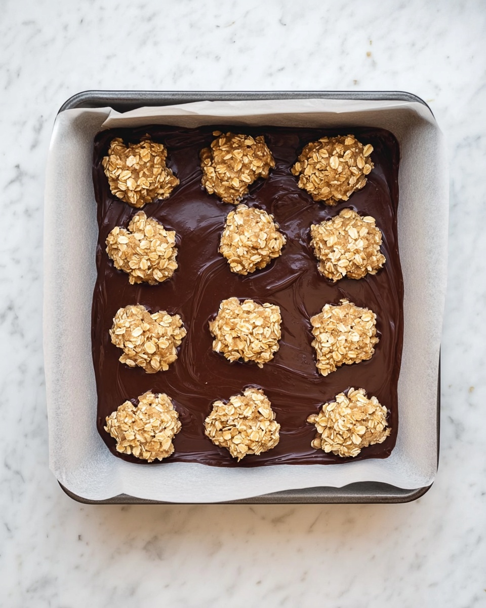 Nine square pieces of dessert with a dark brown chocolate base that looks smooth and glossy, topped with uneven patches of a light golden, crumbly layer that creates a rough texture. The squares are arranged neatly on a silver wire cooling rack which sits on a white marbled surface. In the top right corner, there is a clear glass filled with white milk, near a soft blue cloth. The overall look is clean, simple, and inviting. photo taken with an iphone --ar 4:5 --v 7