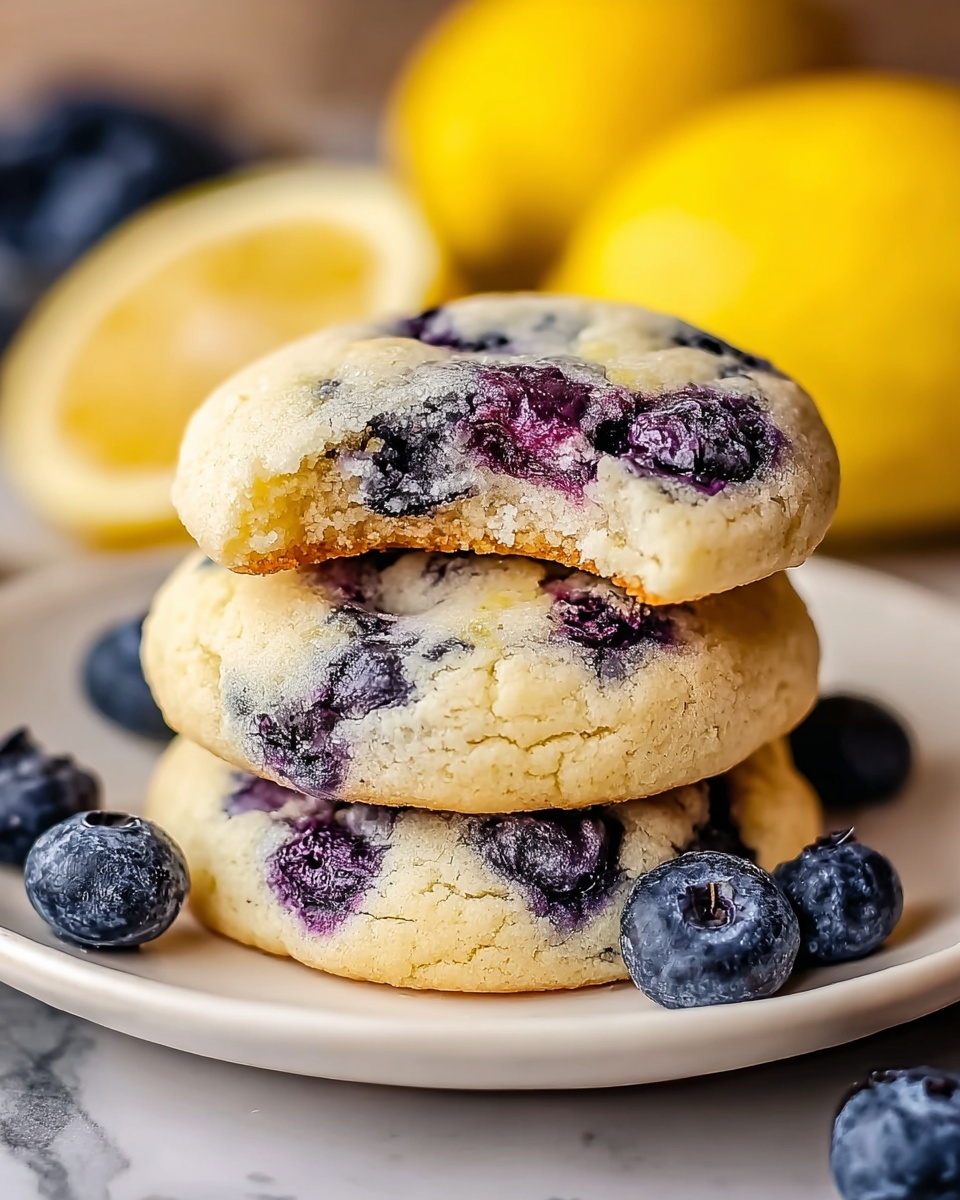 A close-up view of round blueberry cookies stacked on a wire rack, showing a soft and slightly crispy texture with pale golden edges and a marbled mix of creamy yellow dough and deep purple blueberry swirls across the surface, with some blueberries peeking through. The background features blurred yellow lemons and blueberries on a white marbled surface. Photo taken with an iphone --ar 4:5 --v 7