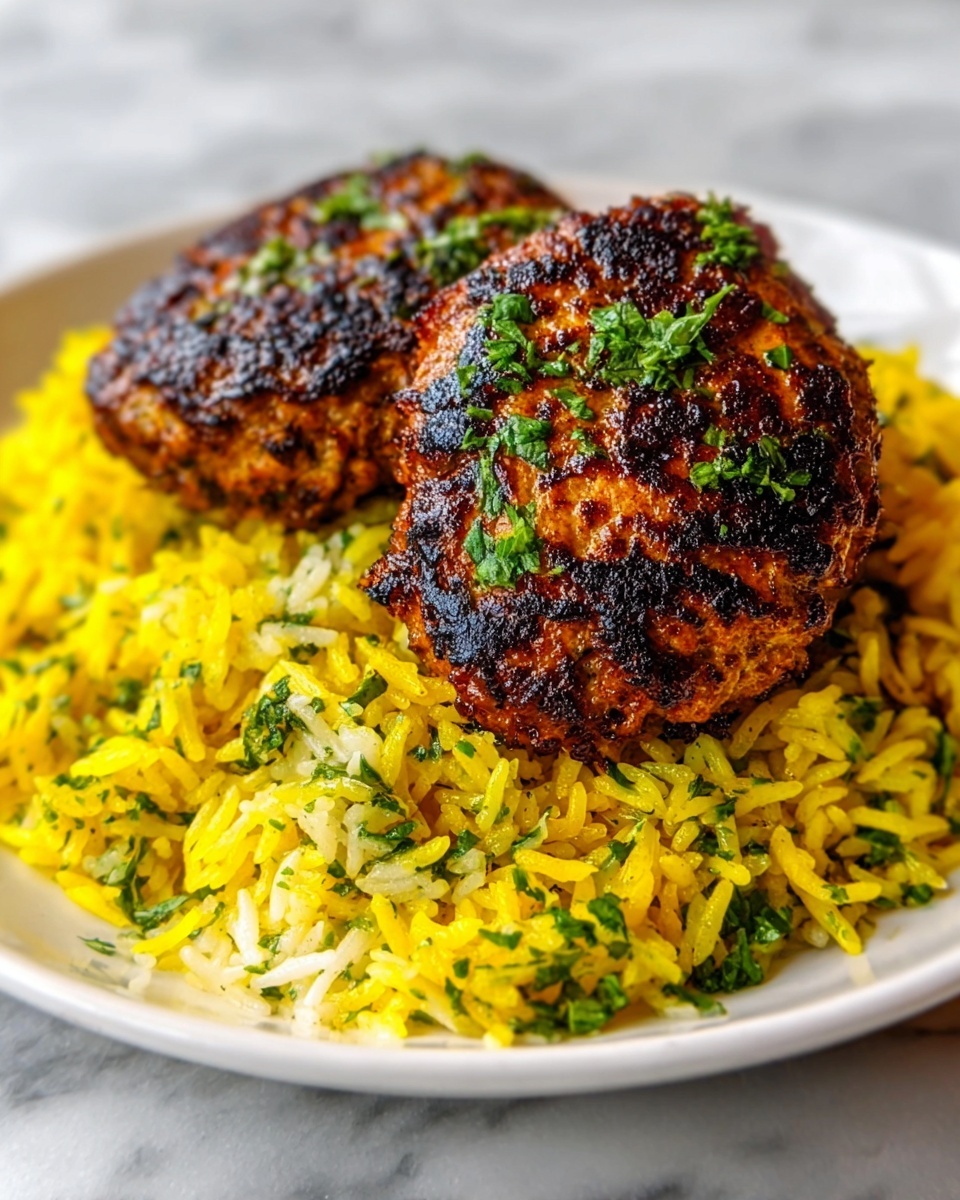 Peri Peri Chicken (Portuguese Style) Recipe 5 The image shows a white plate with two grilled meat patties placed on a bed of yellow rice. The rice has a soft and fluffy texture with green herbs sprinkled throughout, adding a fresh look. The meat patties have a dark, charred crust with some green herbs on top, making them look flavorful and well cooked. The background is a white marbled surface. photo taken with an iphone --ar 4:5 --v 7