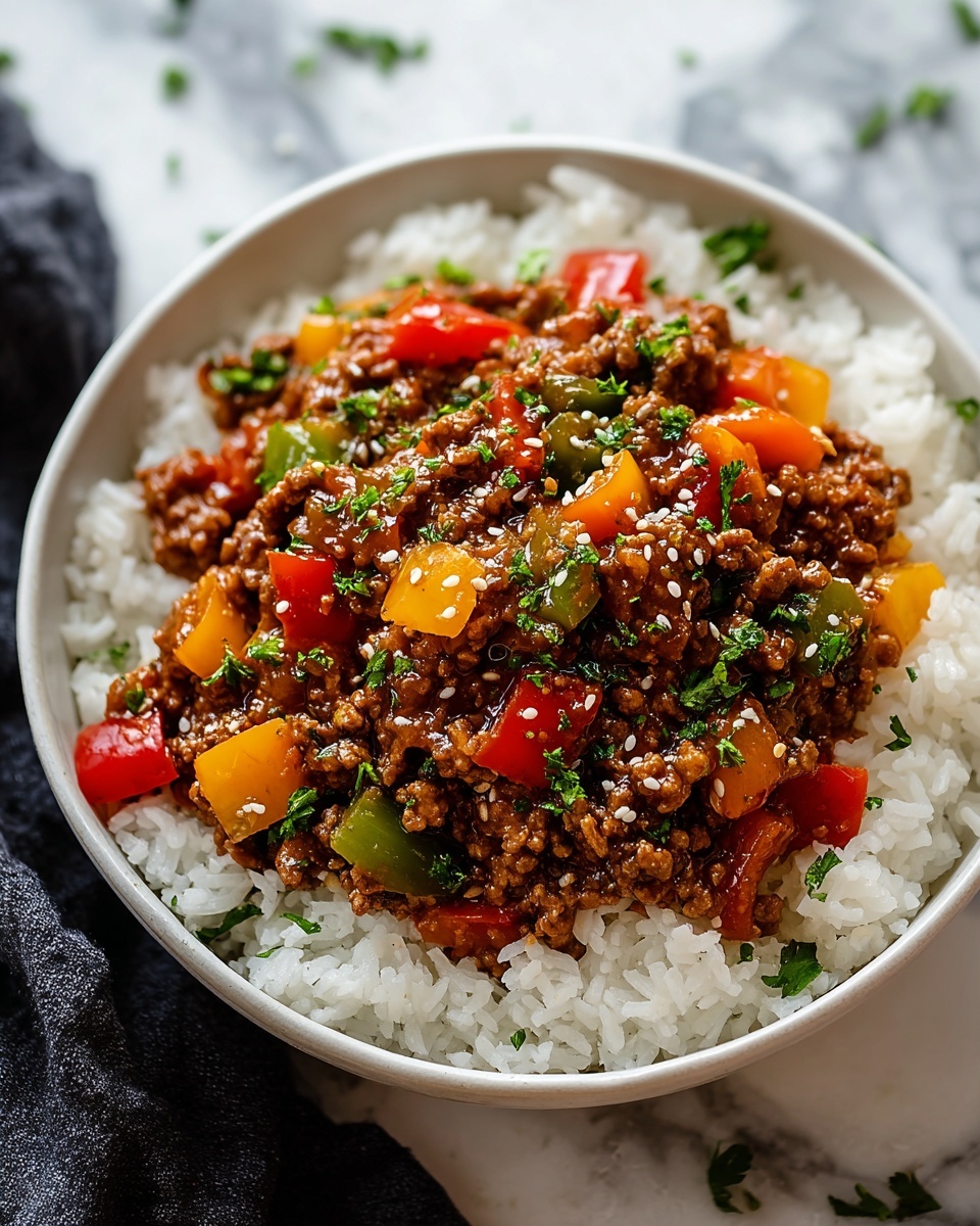 A white bowl filled with three layers, starting with a base of fluffy white rice. On top of the rice is a thick layer of cooked ground meat mixed with diced red, yellow, and green bell peppers, creating a colorful mix of red, yellow, and green pieces. The meat mixture looks glossy and moist, coated in a rich brown sauce. The dish is sprinkled with finely chopped green herbs and small white sesame seeds, adding texture and freshness. The bowl is placed on a white marbled surface, and a dark cloth is partially visible next to it. photo taken with an iphone --ar 4:5 --v 7