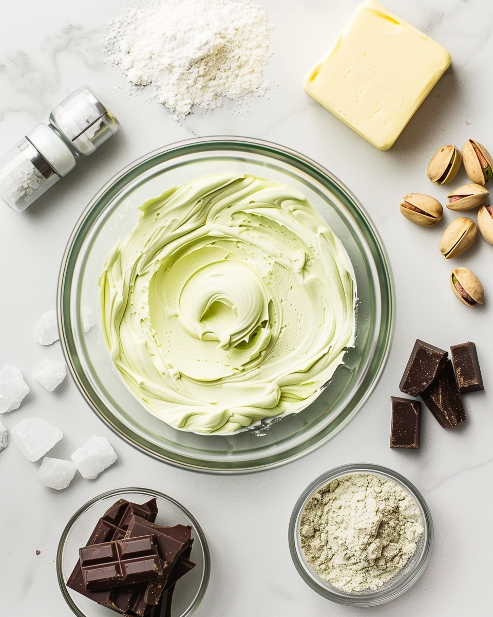 The image shows two stacked cookies on a white marbled surface, with one cookie split in half resting on top of a whole cookie. The base cookie is golden brown with visible dark chocolate chunks spread throughout its rough textured surface. The cookie on top reveals a bright light green soft dough inside, studded with dark chocolate pieces and whole green pistachio nuts. Both cookies are topped with a thick layer of smooth, creamy pale green frosting that contains embedded dark chocolate chunks. The background is blurred with more cookies, emphasizing the main stack in sharp focus. Photo taken with an iphone --ar 4:5 --v 7