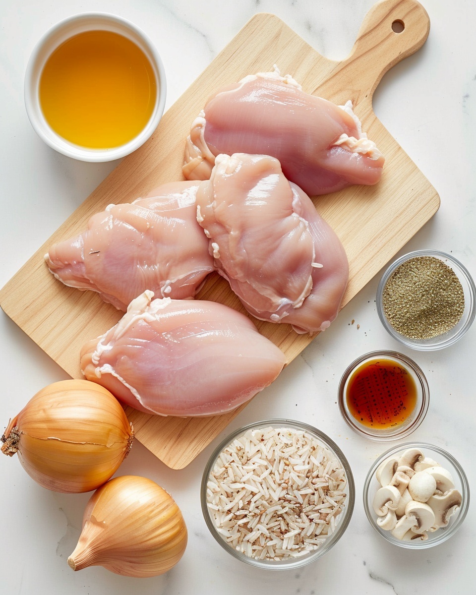 A white plate holds two layers, the bottom layer is loose, fluffy white rice with visible grains, while the top layer is chunks of light brown cooked meat covered in a creamy, smooth beige sauce with dark specks. The sauce layers over the meat and rice, with fresh green parsley pieces sprinkled on top for color contrast. The plate sits on a white marbled surface. photo taken with an iphone --ar 4:5 --v 7