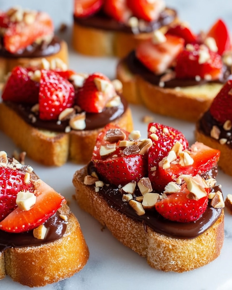 Chocolate Strawberry Bruschetta Recipe 6 The image shows small slices of light brown toasted bread as the base layer. On top of each slice is a thick, shiny dark chocolate spread with a smooth texture covering the bread evenly. The chocolate layer is topped with bright red strawberries cut into pieces, adding a fresh and juicy look. Scattered on and around the strawberries are small chunks of mixed nuts, light brown and beige in color, adding texture and a crunchy element. All the toasts are placed on a white marbled surface. The photo taken with an iphone --ar 4:5 --v 7