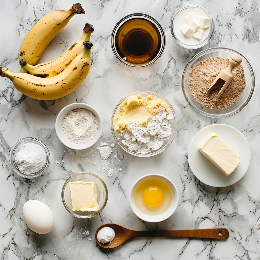 The image shows a white square baking dish filled with four cinnamon rolls placed close together in a 2 by 2 layout. Each roll has a golden-brown baked dough exterior with a visible spiral pattern of dark cinnamon filling inside. A shiny layer of creamy white icing generously coats the top of the rolls, slightly dripping down the sides. The dish is set on a white marbled surface, and in the background, there are several yellow bananas creating a soft contrast. Photo taken with an iphone --v 7