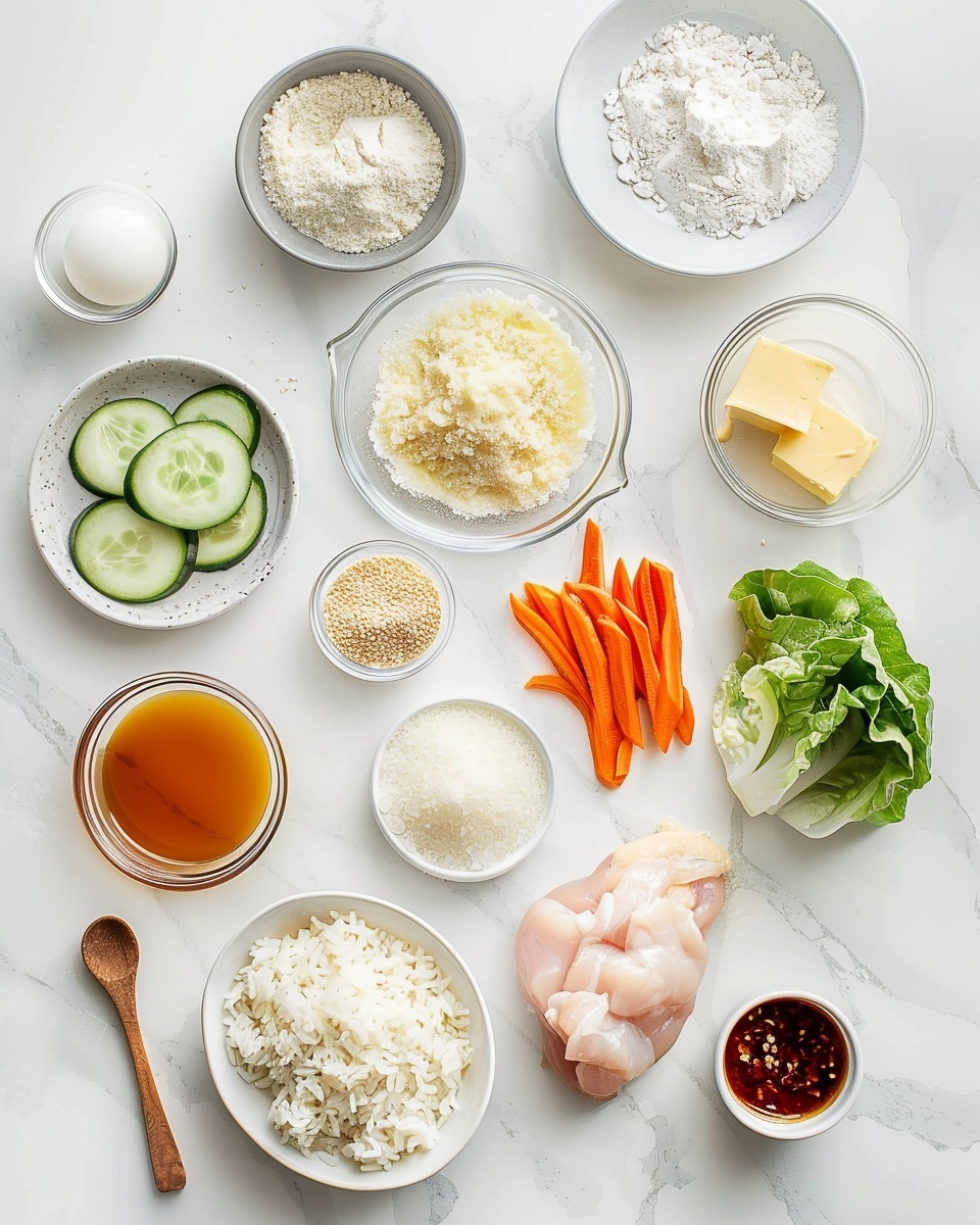 The dish is a full bowl of crispy fried pieces arranged neatly over a bed of white rice and fresh green leafy vegetables. On one side, thinly sliced cucumber rounds are laid out in a fan shape, while shredded carrots add a bright orange contrast on another side. The fried pieces are generously drizzled with a creamy, light orange sauce and topped with chopped green onions, giving the whole bowl a colorful and fresh look. The bowl is set on a white marbled surface, showcasing a vibrant and complete meal in a realistic food blog style. photo taken with an iphone --ar 4:5 --v 7