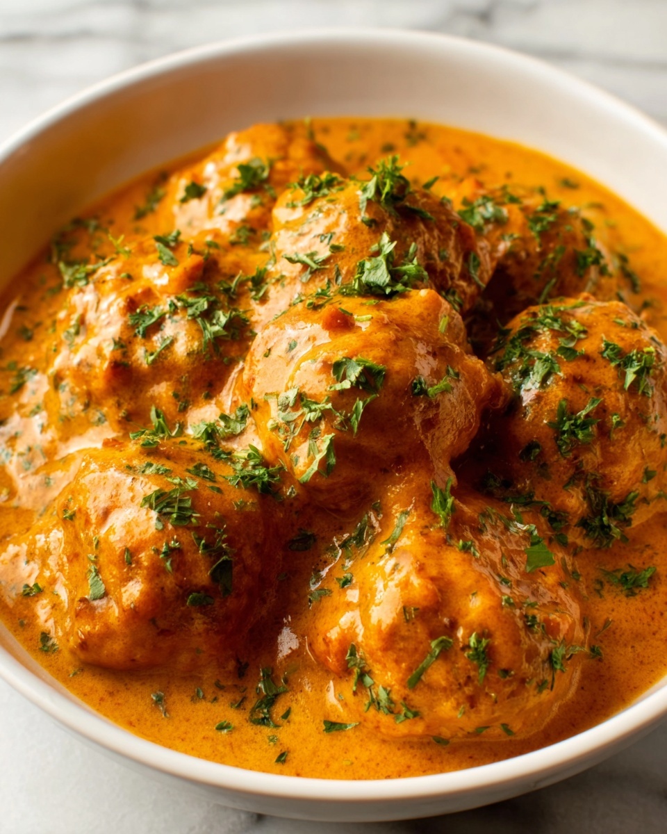 A white bowl holds a single serving of meatballs covered in a rich, creamy orange sauce. The meatballs are tender, showing a soft texture beneath the sauce, which clings smoothly around them. Small flecks of fresh green herbs are sprinkled on top, adding a fresh contrast to the warm, hearty dish. The bowl sits on a white marbled surface, highlighting the vibrant color of the sauce. photo taken with an iphone --ar 4:5 --v 7