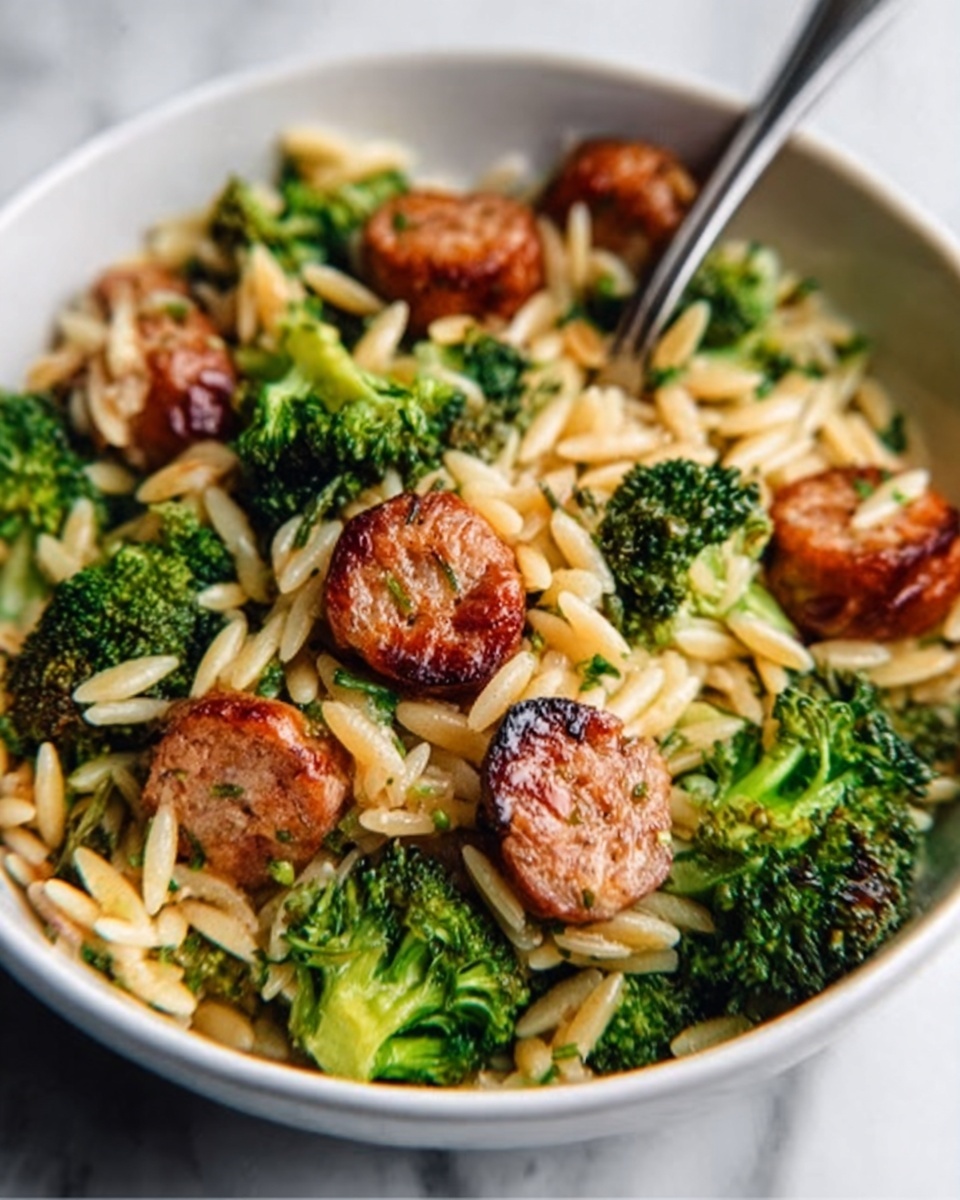 A white bowl on a white marbled surface holds a serving of orzo pasta mixed with vibrant green broccoli florets and browned slices of sausage. The sausage pieces show a crispy outer layer with juicy, tender insides, contrasting with the soft texture of the al dente orzo and the slightly crunchy broccoli. The ingredients are well combined, highlighting the mix of colors and textures in this warm, inviting portion. A spoon rests in the bowl, ready for eating. photo taken with an iphone --ar 4:5 --v 7
