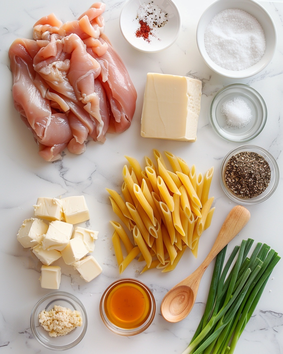 Smoky White Cheddar Honey Butter Chicken Pasta Skillet Recipe 5 Large white bowl filled with creamy rotini pasta topped with generous chunks of beautifully seared, golden-brown chicken, sprinkled evenly with freshly chopped green onions, whole dish captured from a 3/4 angle on a white marble countertop with natural lighting, styled like a hero food magazine shot, photo taken with an iphone --ar 4:5 --v 7